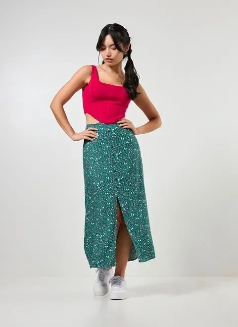 saia midi verde com florzinhas saia midi verde com florzinhas