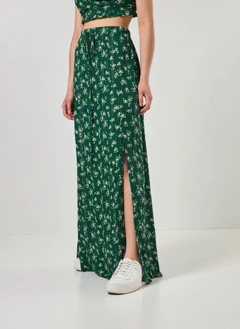 saia longa verde florida com fio metalizado saia longa verde florida com fio metalizado