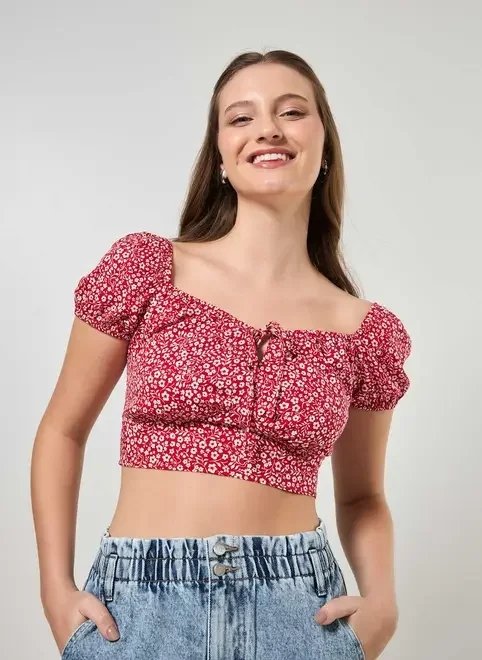 cropped vermelho florido romântico cropped vermelho florido romântico