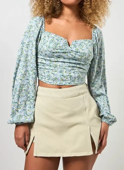 cropped florido manga longa bufante cropped florido manga longa bufante
