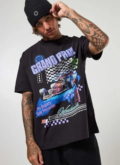 camiseta oversized preta estampa racing camiseta oversized preta estampa racing