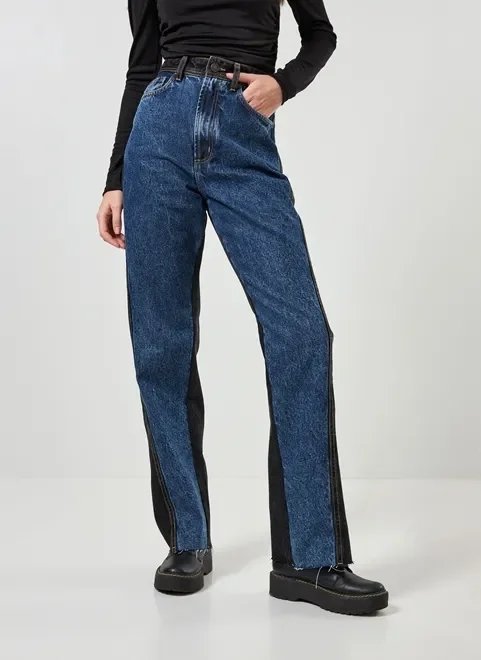 calça wide leg jeans azul e preto calça wide leg jeans azul e preto