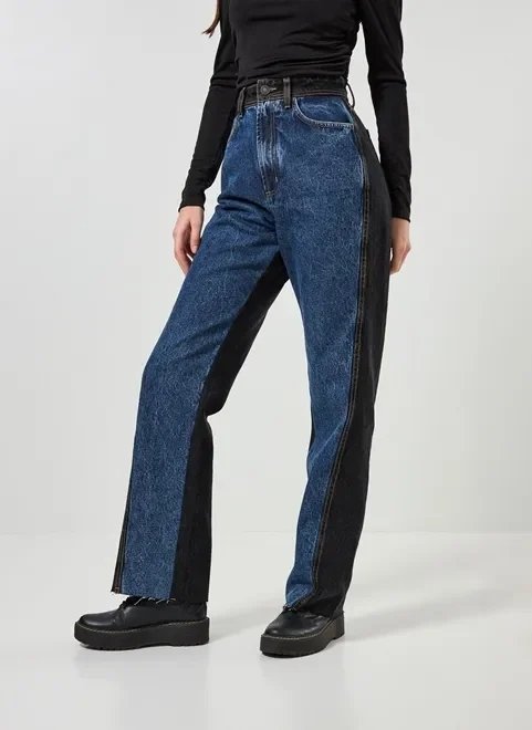 calça wide leg jeans azul e preto calça wide leg jeans azul e preto