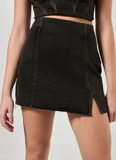 saia jeans preta costuras contrastantes saia jeans preta costuras contrastantes