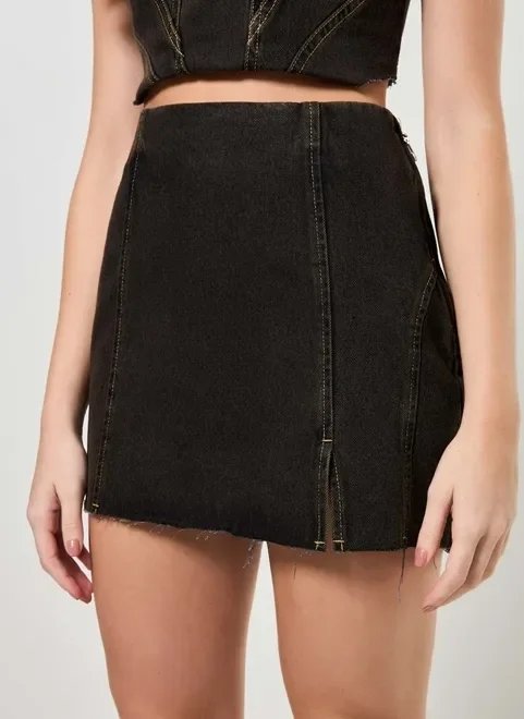 saia jeans preta costuras contrastantes saia jeans preta costuras contrastantes