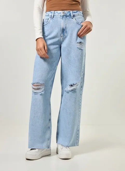 calça wide leg jeans com rasgo calça wide leg jeans com rasgo