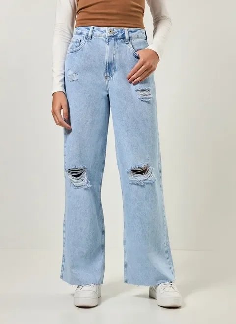 calça wide leg jeans com rasgo calça wide leg jeans com rasgo