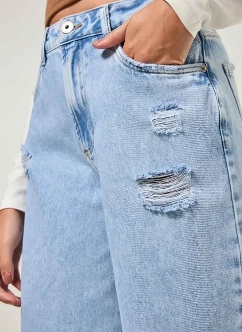 calça wide leg jeans com rasgo calça wide leg jeans com rasgo