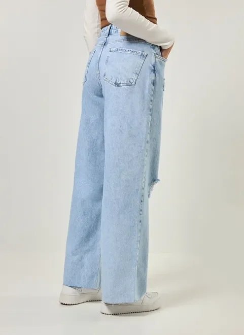calça wide leg jeans com rasgo calça wide leg jeans com rasgo