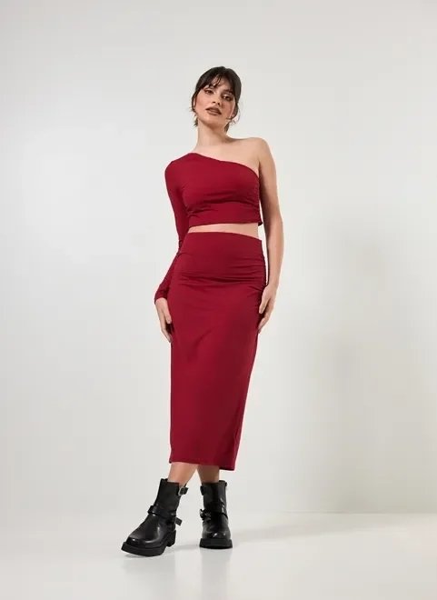 saia midi poliamida com franzido saia midi poliamida com franzido