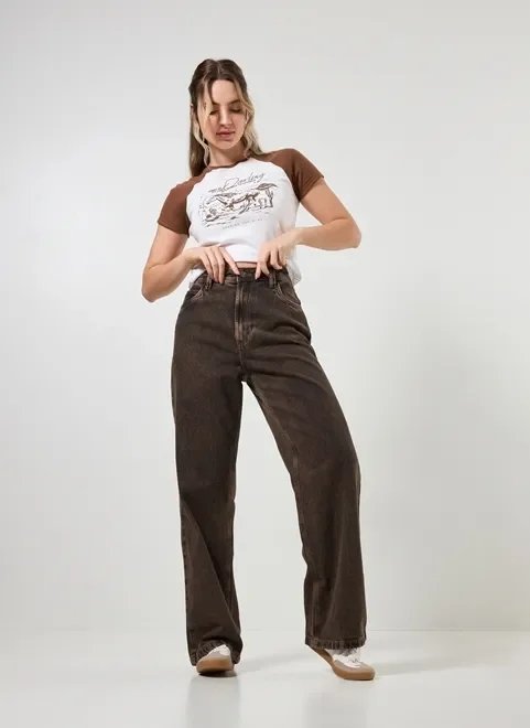 calça wide leg jeans marrom calça wide leg jeans marrom