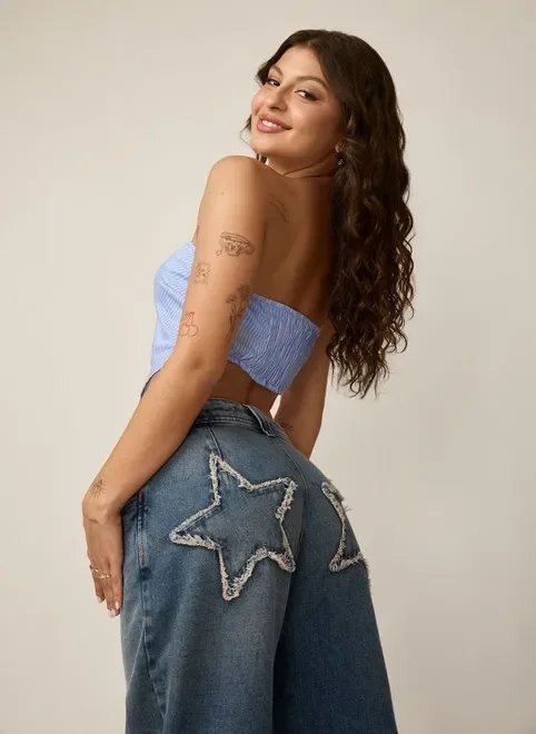 calça wide leg jeans estrelas calça wide leg jeans estrelas