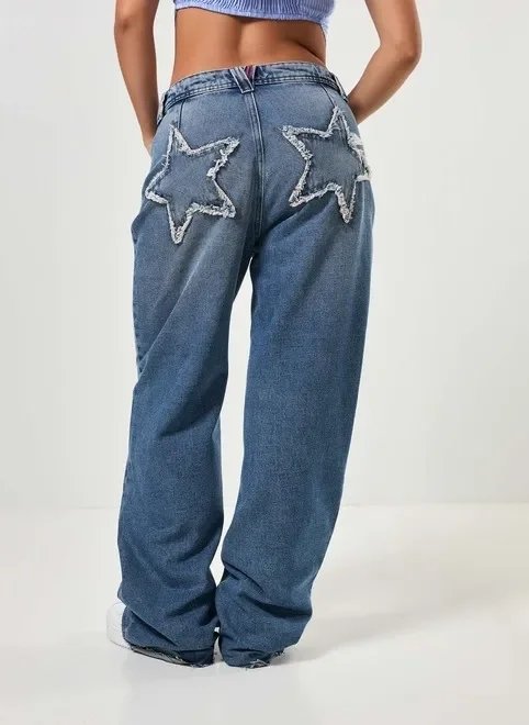 calça wide leg jeans estrelas calça wide leg jeans estrelas