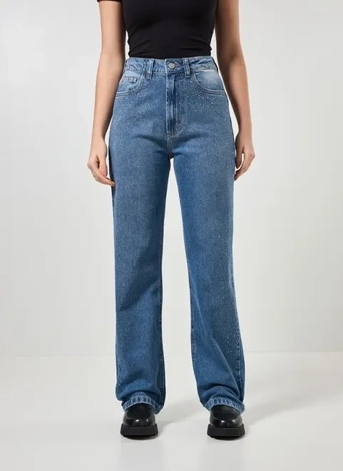 calça wide leg jeans com brilho calça wide leg jeans com brilho