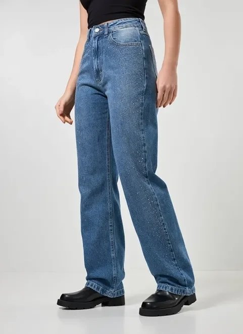 calça wide leg jeans com brilho calça wide leg jeans com brilho
