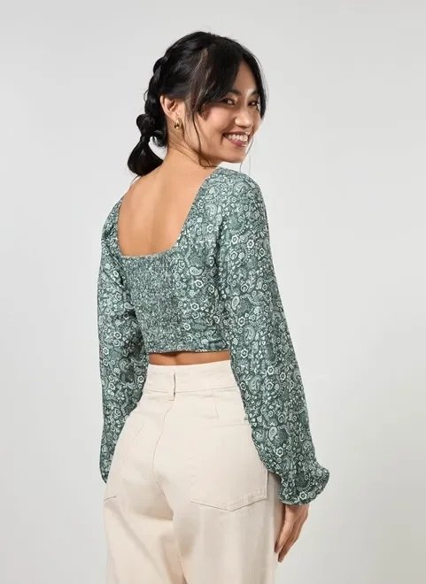 cropped manga longa verde estampado cropped manga longa verde estampado