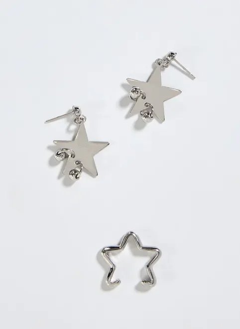 kit brinco e earcuff estrelas prateadas kit brinco e earcuff estrelas prateadas