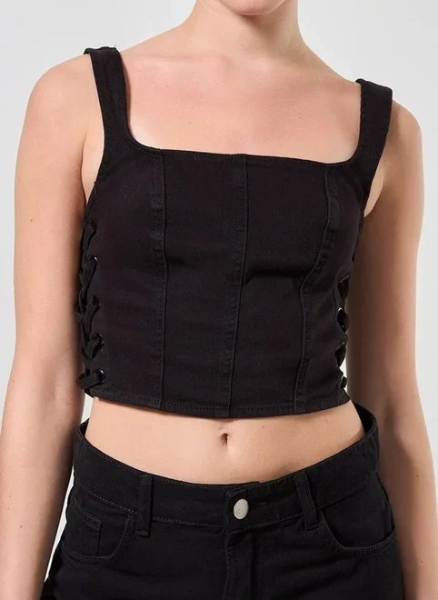 cropped corselet em sarja preto cropped corselet em sarja preto