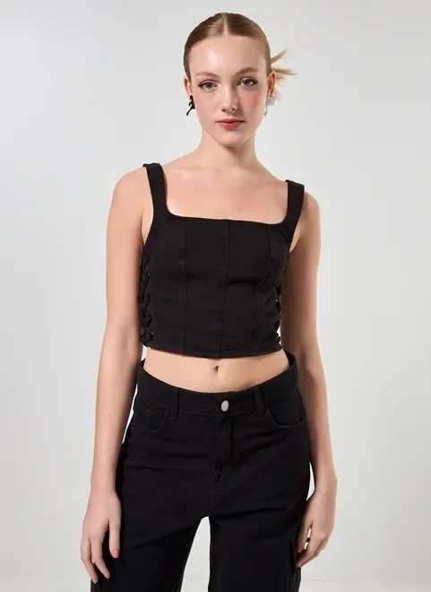 cropped corselet em sarja preto cropped corselet em sarja preto