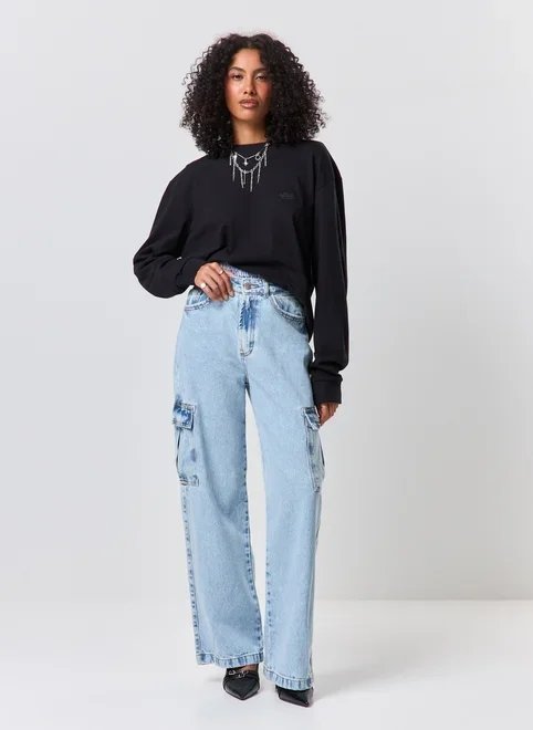 calça wide leg jeans cargo calça wide leg jeans cargo