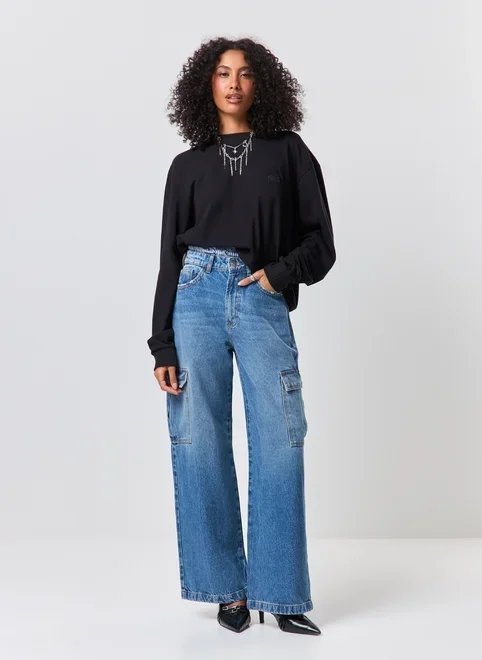 calça wide leg jeans cargo calça wide leg jeans cargo