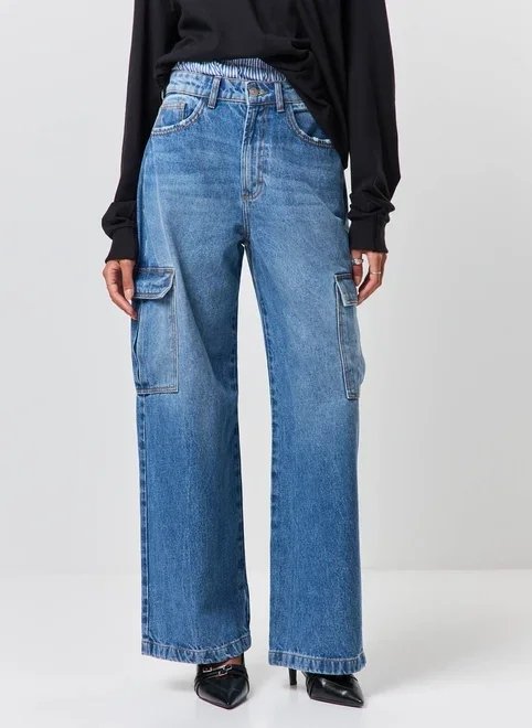 calça wide leg jeans cargo calça wide leg jeans cargo