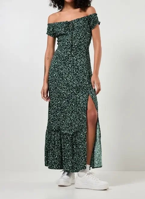 vestido longo ombro a ombro verde estampado vestido longo ombro a ombro verde estampado