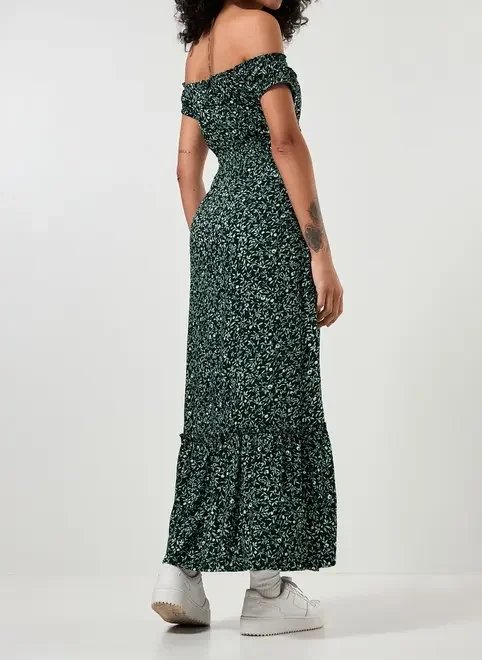 vestido longo ombro a ombro verde estampado vestido longo ombro a ombro verde estampado