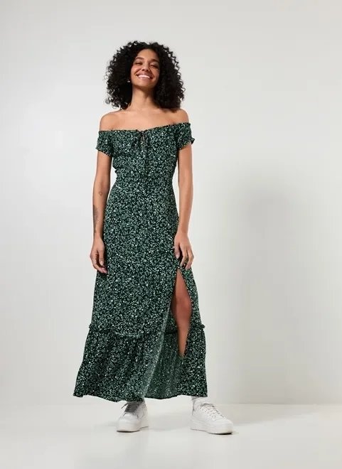 vestido longo ombro a ombro verde estampado vestido longo ombro a ombro verde estampado