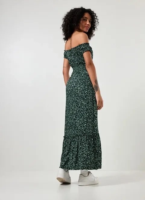 vestido longo ombro a ombro verde estampado vestido longo ombro a ombro verde estampado