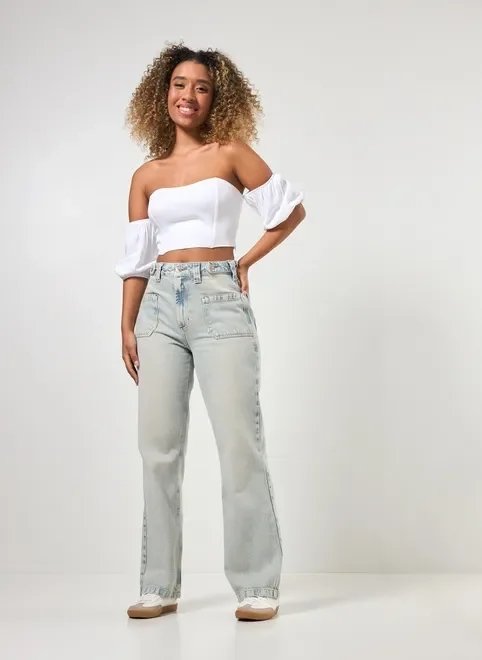 calça jeans wide leg bolsos frontais calça jeans wide leg bolsos frontais