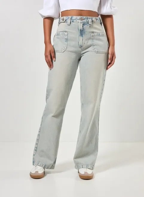 calça jeans wide leg bolsos frontais calça jeans wide leg bolsos frontais