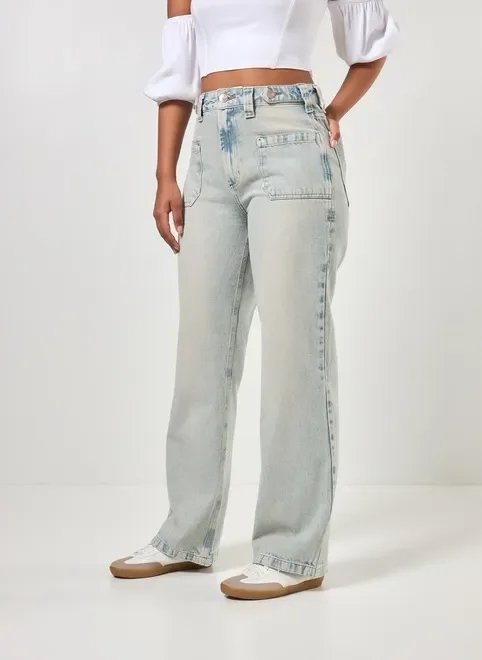 calça jeans wide leg bolsos frontais calça jeans wide leg bolsos frontais