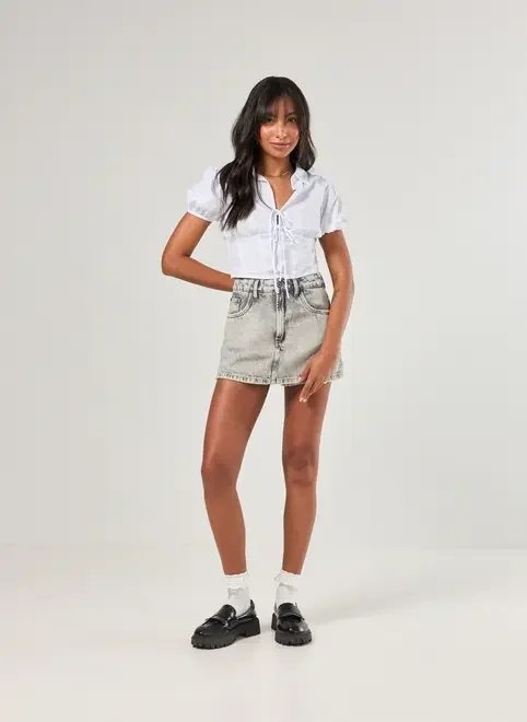 short saia jeans cinza marmorizado short saia jeans cinza marmorizado