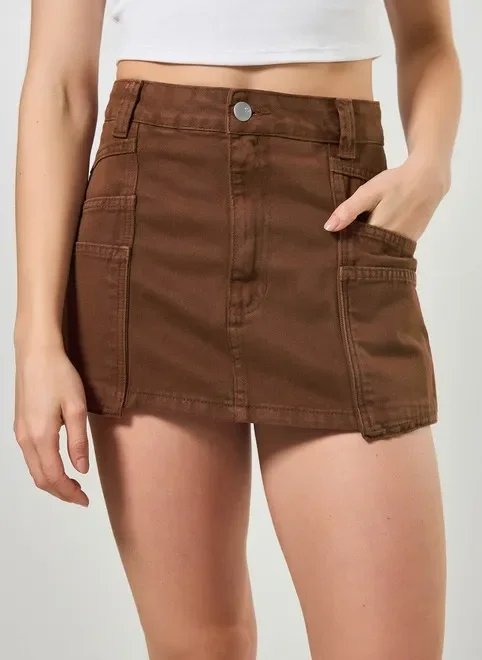 short saia sarja marrom short saia sarja marrom