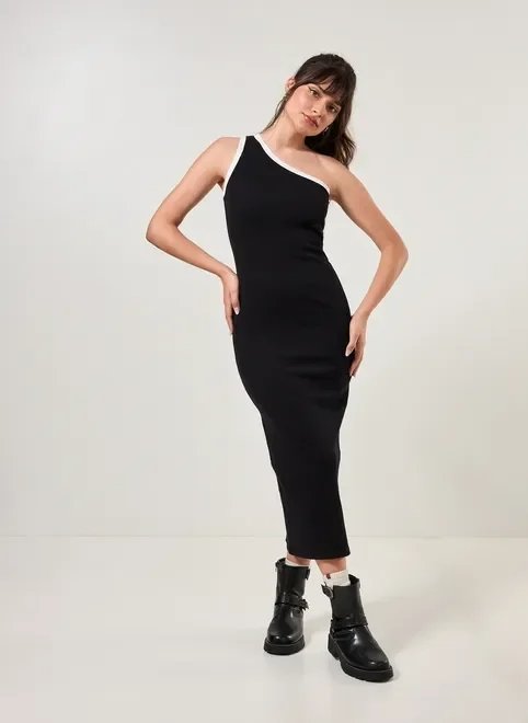 vestido midi justo ombro único preto vestido midi justo ombro único preto