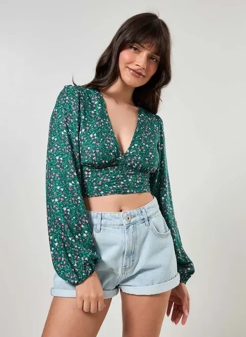 cropped manga longa bufante verde florido cropped manga longa bufante verde florido