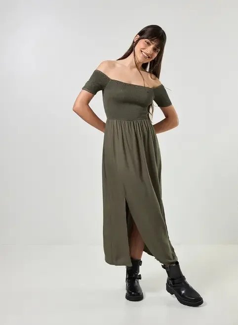 vestido midi ombro a ombro verde militar vestido midi ombro a ombro verde militar
