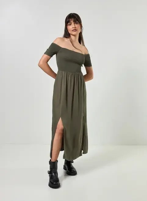 vestido midi ombro a ombro verde militar vestido midi ombro a ombro verde militar
