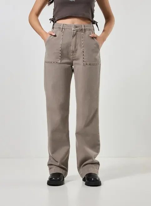 calça wide leg cinza com tachinhas calça wide leg cinza com tachinhas