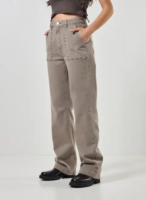 calça wide leg cinza com tachinhas calça wide leg cinza com tachinhas