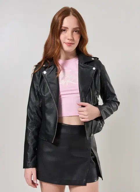 jaqueta poliuretano preta zíper assimétrico jaqueta poliuretano preta zíper assimétrico