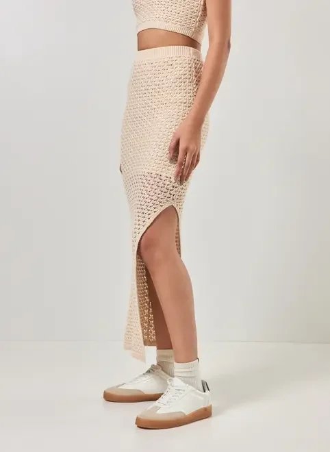 saia midi crochê areia fenda saia midi crochê areia fenda