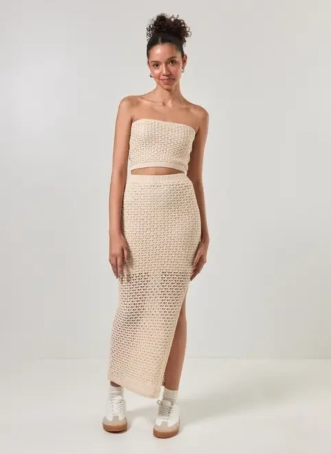 saia midi crochê areia fenda saia midi crochê areia fenda