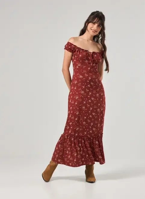 vestido midi ombro a ombro vinho florido vestido midi ombro a ombro vinho florido