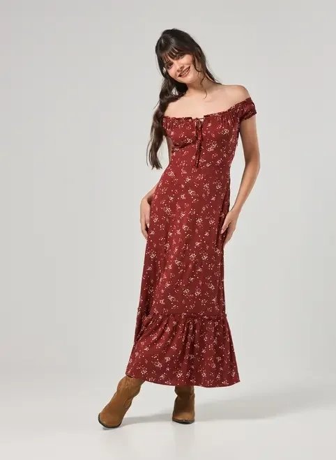 vestido midi ombro a ombro vinho florido vestido midi ombro a ombro vinho florido