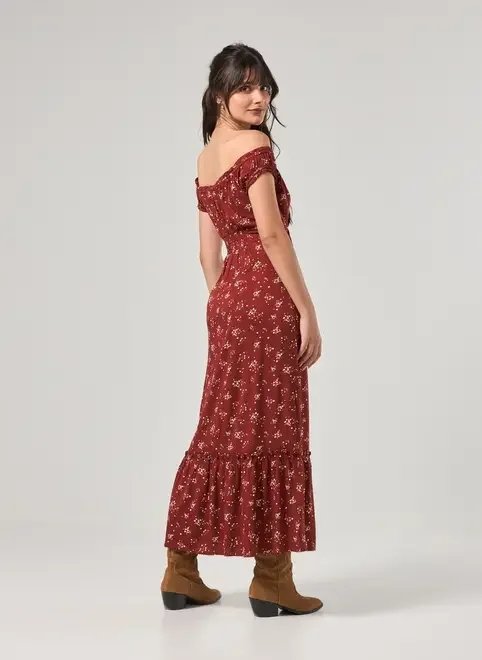 vestido midi ombro a ombro vinho florido vestido midi ombro a ombro vinho florido