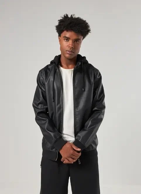 jaqueta poliuretano preta capuz removível jaqueta poliuretano preta capuz removível