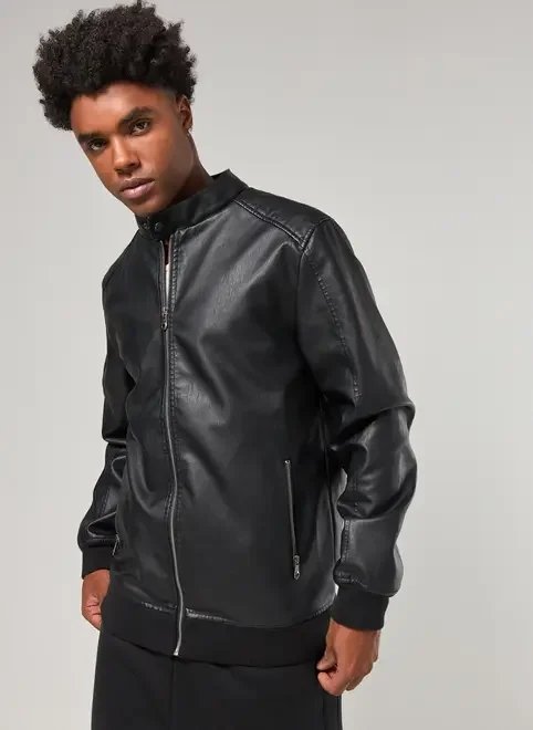 jaqueta poliuretano preta capuz removível jaqueta poliuretano preta capuz removível