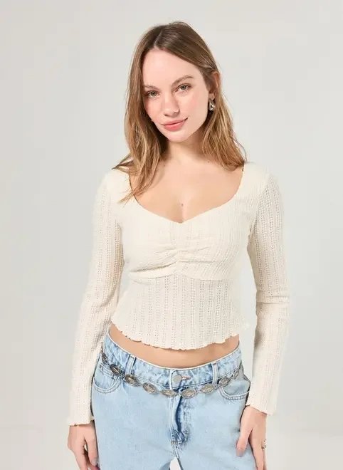 blusa manga longa textura busto franzido blusa manga longa textura busto franzido